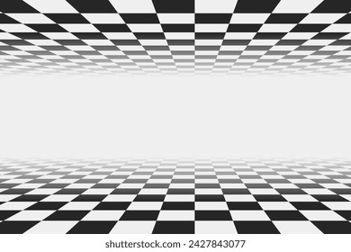 Escenario de fondo de perspectiva retro con un piso de cuadros en blanco y negro, con estilo de tablero de ajedrez vintage. Desvanecimiento de la textura de tablero de ajedrez. Superficie abstracta del patrón de ilustración vectorial