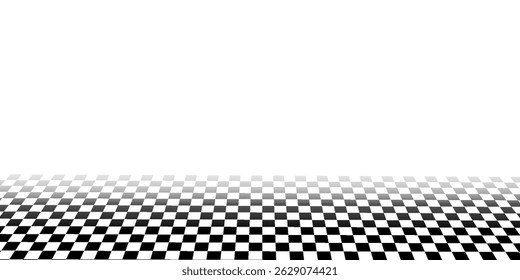Retro perspective background stage with a black and white checkered floor, featuring vintage chess board style. Fading away vanishing checkerboard texture. Abstract vector illustration pattern surface