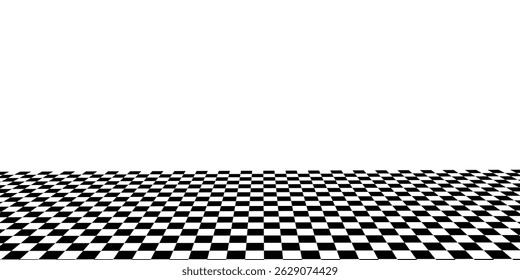 Retro perspective background stage with a black and white checkered floor, featuring vintage chess board style. Fading away vanishing checkerboard texture. Abstract vector illustration pattern surface