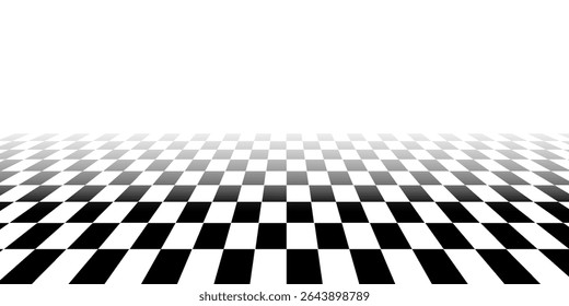 Retro perspective background stage with a black and white checkered floor, featuring vintage chess board style. Fading away vanishing checkerboard texture. Abstract vector illustration pattern surface