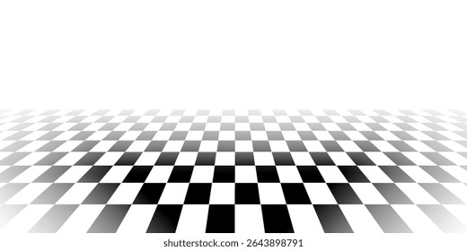 Retro perspective background stage with a black and white checkered floor, featuring vintage chess board style. Fading away vanishing checkerboard texture. Abstract vector illustration pattern surface