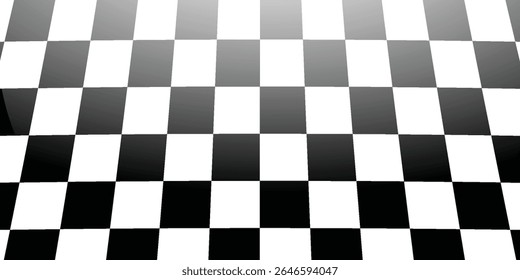 Retro perspective background stage with a black and white checkered floor, featuring vintage chess board style. Fading away vanishing checkerboard texture. Abstract vector illustration pattern surface