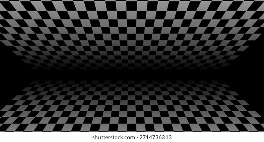 Escenario de fondo de perspectiva retro con un piso a cuadros en blanco y negro, con estilo de tablero de ajedrez vintage. Desvaneciéndose desvaneciendo textura de tablero de ajedrez. Superficie de patrón de Ilustración vectorial Abstractas