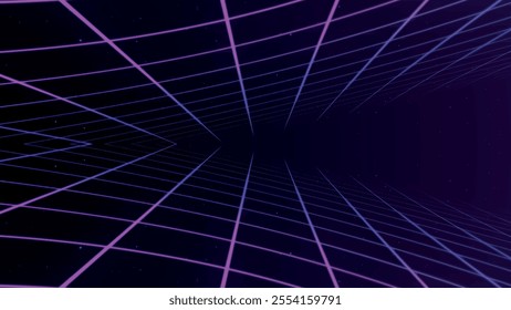 Retro perspective grid in infinity. Abstract landscape grid lines, background image. Digital wireframe background with lines in 80s and 90s style. Futuristic grid pattern. Vector illustration