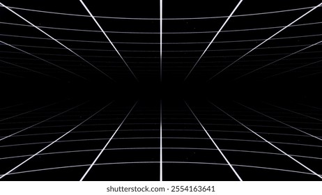 Retro perspective grid in infinity. Abstract landscape grid lines, background image. Digital wireframe background with lines in 80s and 90s style. Futuristic grid pattern. Vector illustration