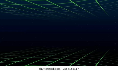 Retro perspective grid in infinity. Abstract landscape grid lines, background image. Digital wireframe background with lines in 80s and 90s style. Futuristic grid pattern. Vector illustration