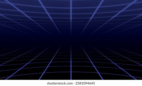 Retro perspective grid in infinity. Abstract landscape grid lines, background image. Digital wireframe background with lines in 80s and 90s style. Futuristic grid pattern. Vector illustration