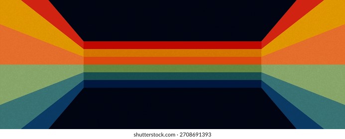 Retro perspektivischer Linienhintergrund mit Regenbogenstreifen, die einen dimensionalen Raum auf dunklem Hintergrund bilden. Abstraktes geometrisches Parallellaufmuster mit Fluchtpunktkonvergenz. 