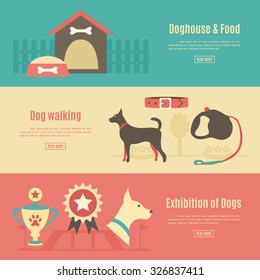 Retro pet flat horizontal banner set. Vector illustration for animal design. Doggy silhouette.  With dog, house, food, award and walking, leash, collar, exhibition.