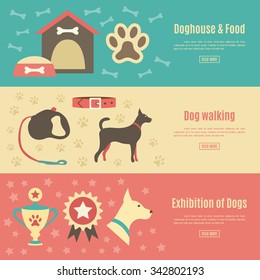 Retro pet flat horizontal banner set. Vector illustration for animal design. Doggy silhouette.  With dog, house, food, award and walking, leash, collar, exhibition.