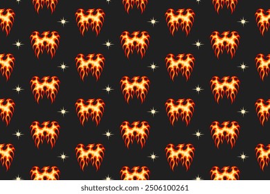 retro phoenix bird fire seamless pattern for print on textile, wrapping,banner, card. abstract eagle flaming old school pattern on black background. groovy red hawk flame seamless pattern