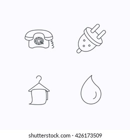 Retro phone, bath towel and electric plug icons. Water drop linear sign. Flat linear icons on white background. Vector