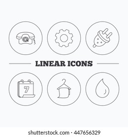 Retro phone, bath towel and electric plug icons. Water drop linear sign. Flat cogwheel and calendar symbols. Linear icons in circle buttons. Vector