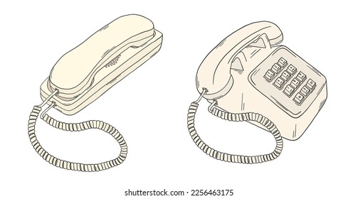 Retro phone doodle. 80s, 90s telephones set. Y2k trendy illustration. Telephone retro technology. 90s and 2000s telephonel. Nostalgia for the 90s.