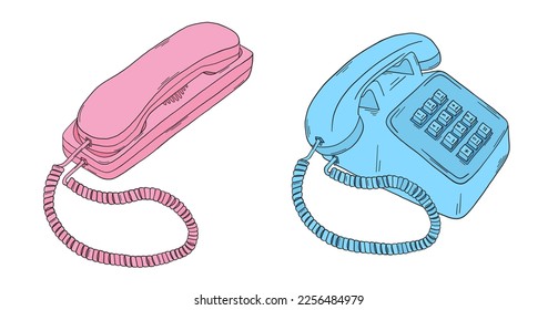 Retro phone doodle. 80s, 90s telephones set. Y2k trendy illustration. Telephone retro technology. 90s and 2000s telephonel. Nostalgia for the 90s.