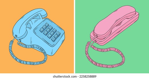 Retro Telefon Doodle. 80er, 90er-Jahre-Telefone-Set. Y2k trendige Illustration. Telefonische Retrotechnologie. Telefon der 90er und 2000er. Nostalgie für die 90er Jahre.