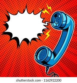 Retro phone handset and angry speech bubble on red background. Pop art vector comic illustration.