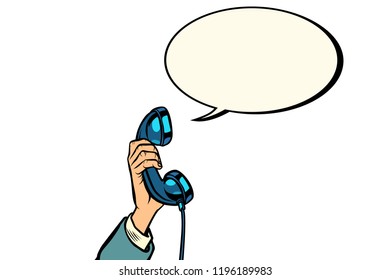 retro phone handset in male hand. Pop art vector illustration vintage kitsch