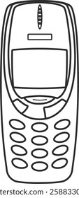 Retro phone icon with buttons and small screen, old phone line black color.