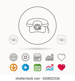 Retro phone icon. Old telephone sign. Calendar, Graph chart and Cogwheel signs. Download and Heart love linear web icons. Vector