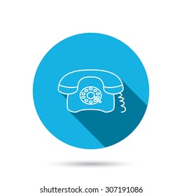 Retro phone icon. Old telephone sign. Blue flat circle button with shadow. Vector