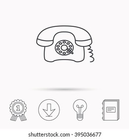 Retro phone icon. Old telephone sign. Download arrow, lamp, learn book and award medal icons.