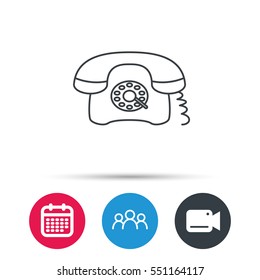 Retro phone icon. Old telephone sign. Group of people, video cam and calendar icons. Vector