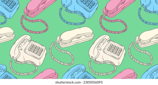 Retro phone pattern. 80s, 90s vintage telephones. Y2k trend. Telephone retro technology. Retro background. Nostalgia for the 90s and 2000s.