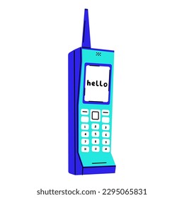 Retro phone with physical numeric keypads and retractable antenna. 1990s mobile. Flat vector illustration.