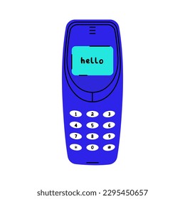 Retro phone with physical numeric keypads. 1990s mobile. Flat vector illustration.