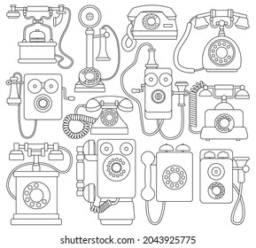Retro Telefon-Vektorgrafik-Set Symbol. Vektorgrafik-Vintage-Telefon auf weißem Hintergrund. Einzeln Umriss-Symbol-Retro-Telefon.