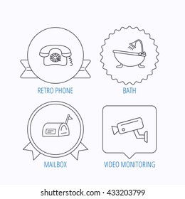 Retro phone, video camera and mailbox icons. Bath linear sign. Award medal, star label and speech bubble designs. Vector