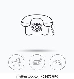Retro phone, video camera and mailbox icons. Bath linear sign. Linear icons in circle buttons. Flat web symbols. Vector