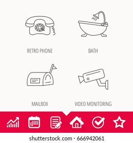 Retro phone, video camera and mailbox icons. Bath linear sign. Edit document, Calendar and Graph chart signs. Star, Check and House web icons. Vector