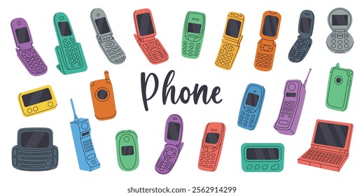 Retro phones. Old communication gadgets. Retro electronic devices. Phone with keypad, flip mobile, pager, cell phone, old telephone.