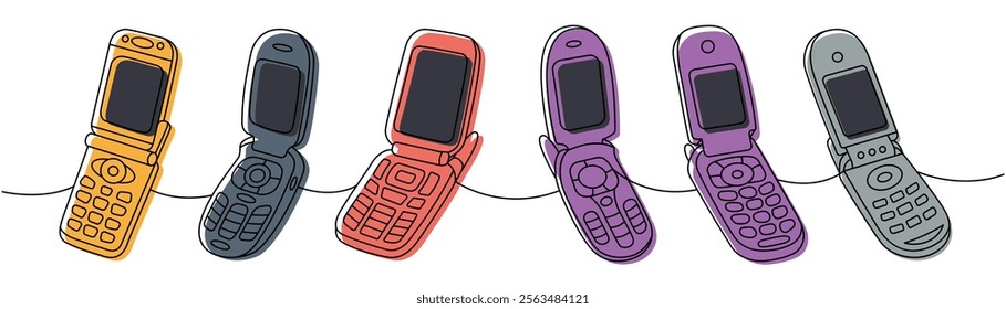Retro phones one line colored continuous drawing. Set of flip mobile phones. Vector linear illustration.