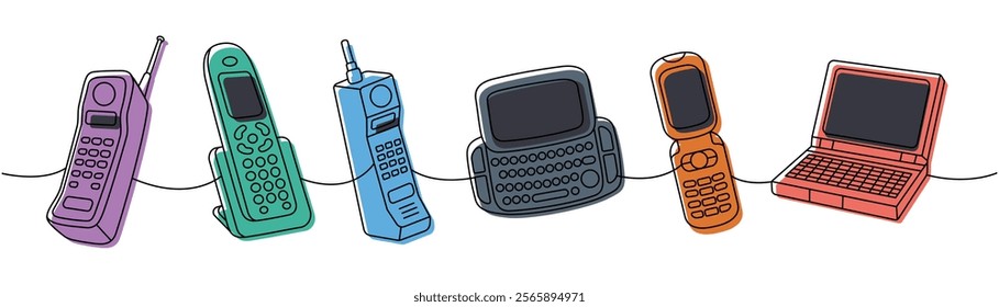 Retro phones one line colored continuous drawing. Old fashioned phones, mobile flip phone, smart phone with keypad. Vector linear illustration.