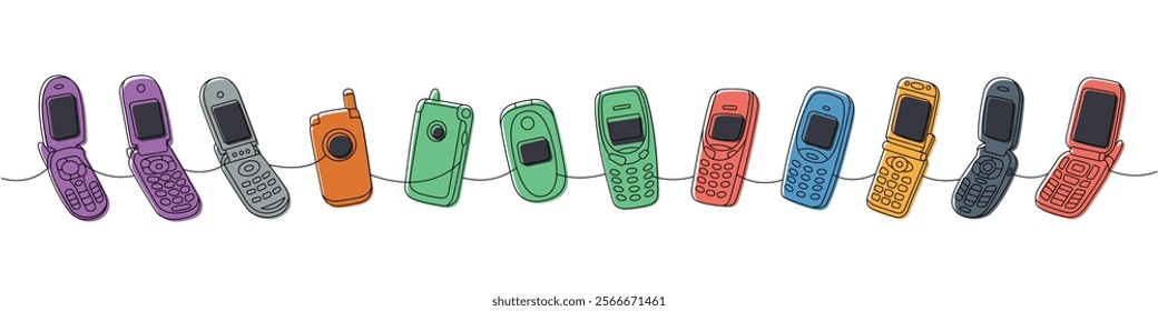 Retro phones one line colored continuous drawing. Flip mobile phones, smart phone, old mobile phone. Vector linear illustration.