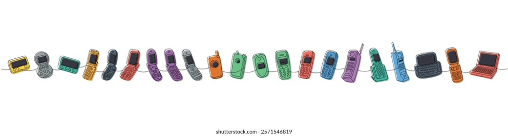 Retro phones one line colored continuous drawing. Old communication gadgets. Vector linear illustration.