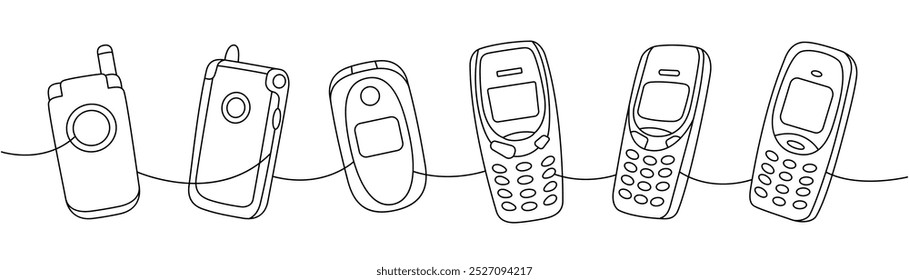 Telefones retrô uma linha de desenho contínuo. Celular, celular antigo. Ilustração linear de vetor.