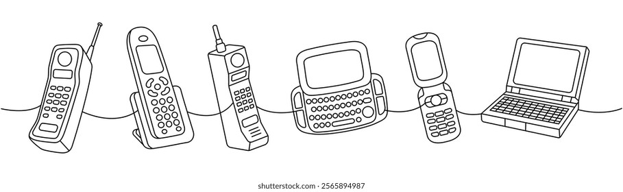 Retro phones one line continuous drawing. Old fashioned phones, mobile flip phone, smart phone with keypad. Vector linear illustration.