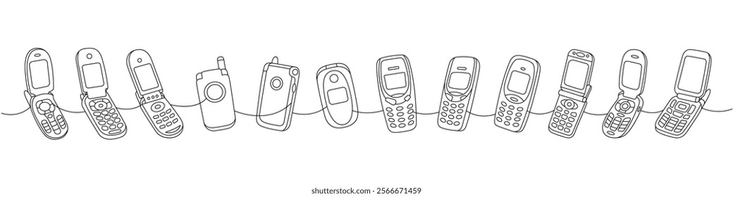 Retro phones one line continuous drawing. Flip mobile phones, smart phone, old mobile phone. Vector linear illustration.