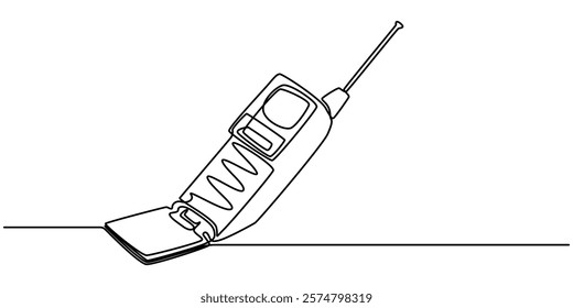 Retro phones one line continuous drawing. flip mobile phones. Vector linear illustration, One single line drawing of old retro flip cellular phone. Vintage classic mobile phone to communicate concept.