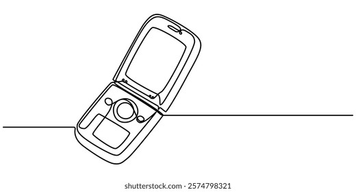 Retro phones one line continuous drawing. flip mobile phones. Vector linear illustration, One single line drawing of old retro flip cellular phone. Vintage classic mobile phone to communicate concept.