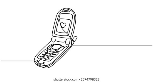 Retro phones one line continuous drawing. flip mobile phones. Vector linear illustration, One single line drawing of old retro flip cellular phone. Vintage classic mobile phone to communicate concept.