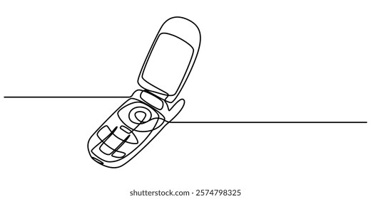 Retro phones one line continuous drawing. flip mobile phones. Vector linear illustration, One single line drawing of old retro flip cellular phone. Vintage classic mobile phone to communicate concept.