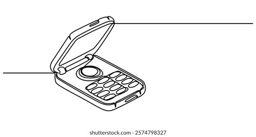 Retro phones one line continuous drawing. flip mobile phones. Vector linear illustration, One single line drawing of old retro flip cellular phone. Vintage classic mobile phone to communicate concept.