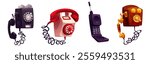 Retro phones set isolated on white background. Vector cartoon illustration of vintage telephones with dial, cord, buttons, radio antenna. Communication device evolution, technology progress history
