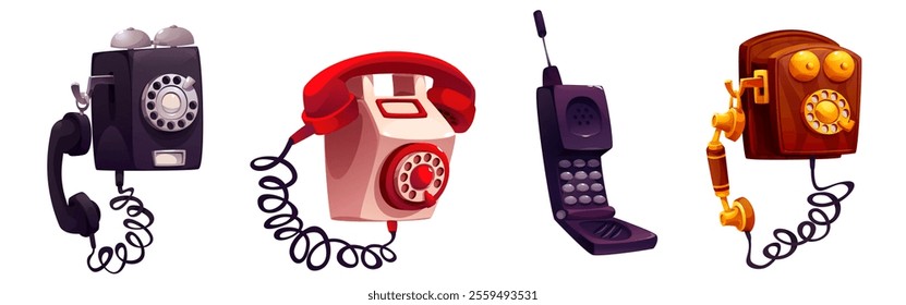 Retro phones set isolated on white background. Vector cartoon illustration of vintage telephones with dial, cord, buttons, radio antenna. Communication device evolution, technology progress history