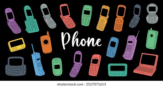 Retro phones set. Old communication gadgets. Mobile with buttons, phone with keypad, flip mobile, pager, beeper, cell phone, old telephone.